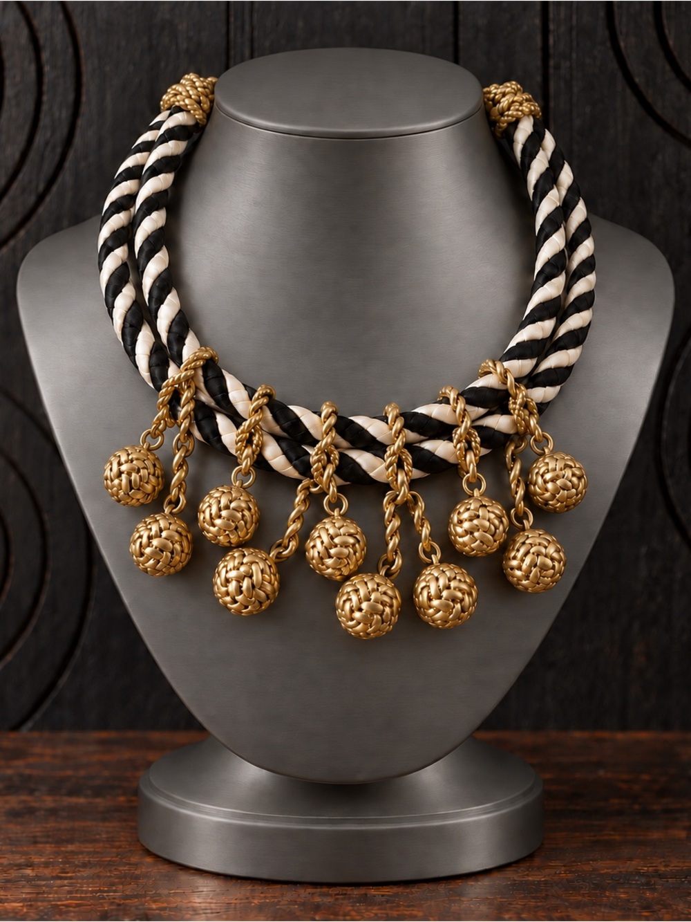 Stella & Dot Kalani Statement Necklace Black White Rope Gold Ball Charms
